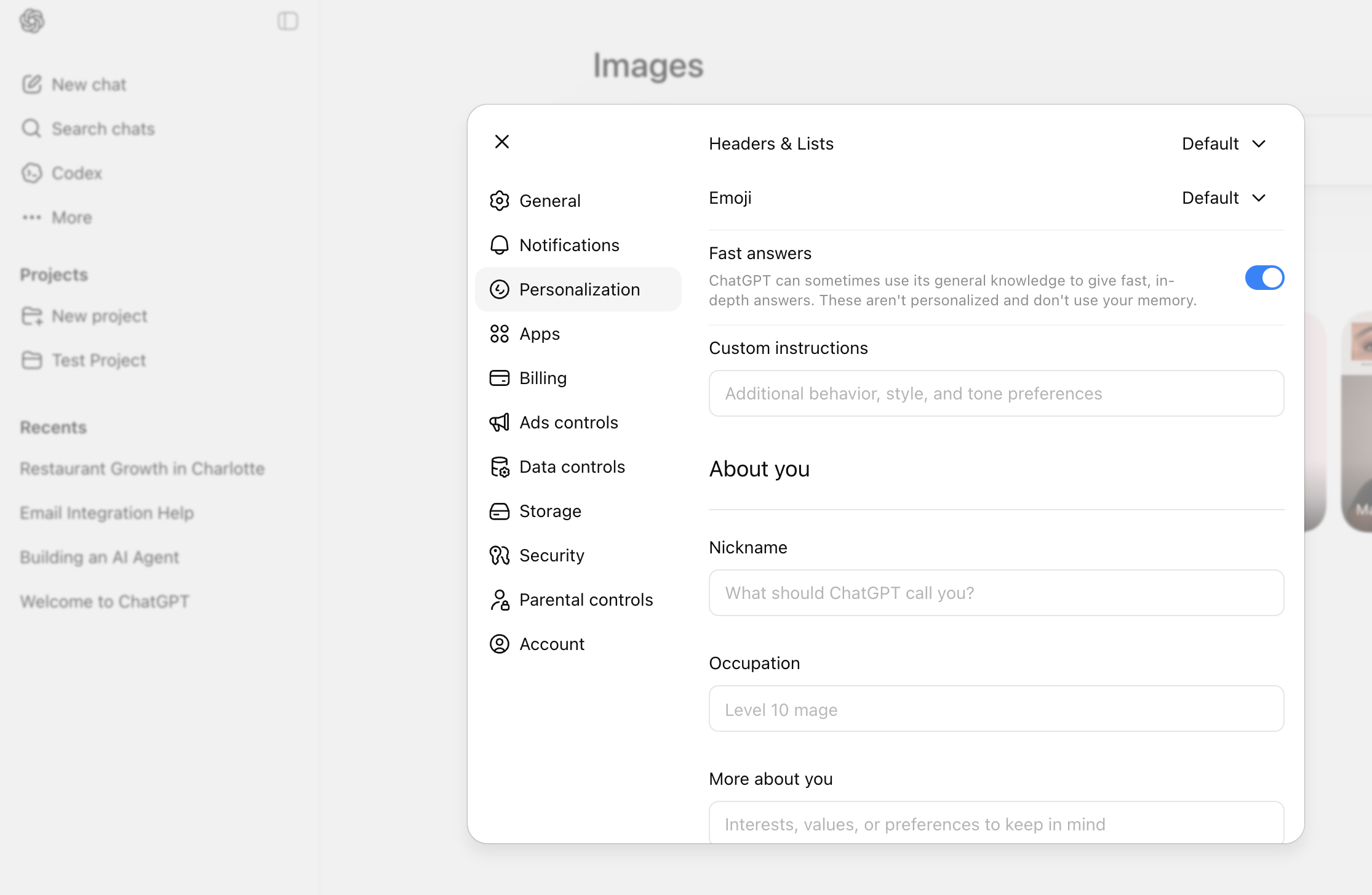 ChatGPT Custom Instructions page with the response field