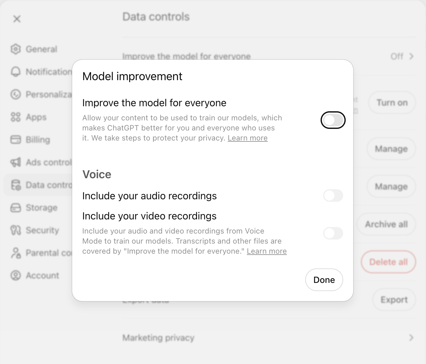 ChatGPT Data Controls page with the Improve the model for everyone toggle