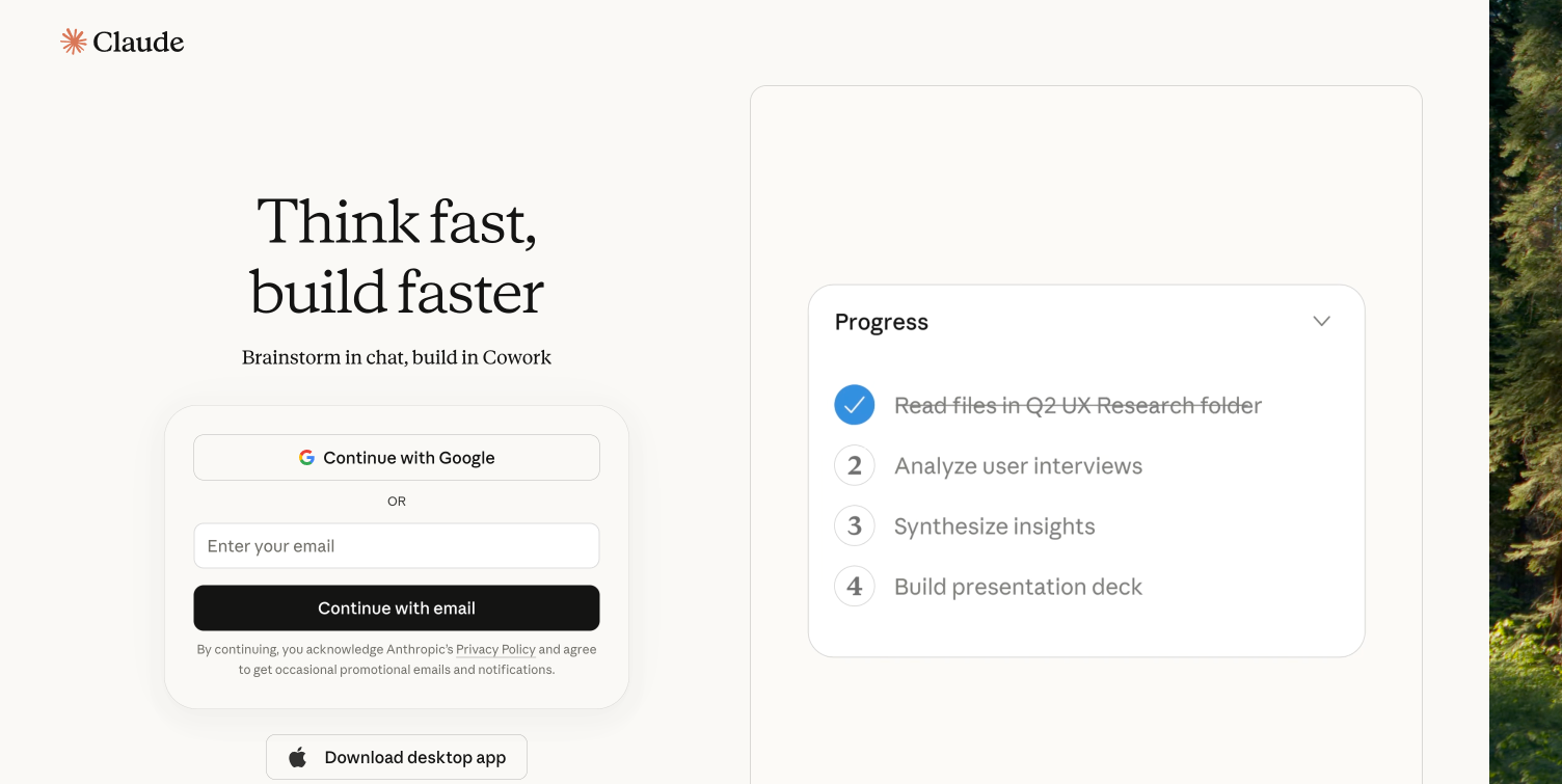 Claude sign-up screen showing Google, Apple, and email sign-in options
