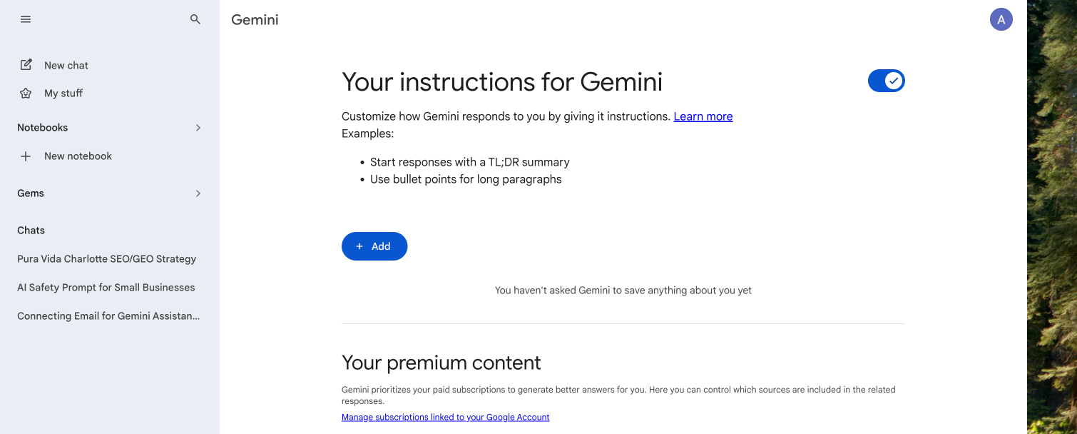 Gemini Personalization page with the Saved info section